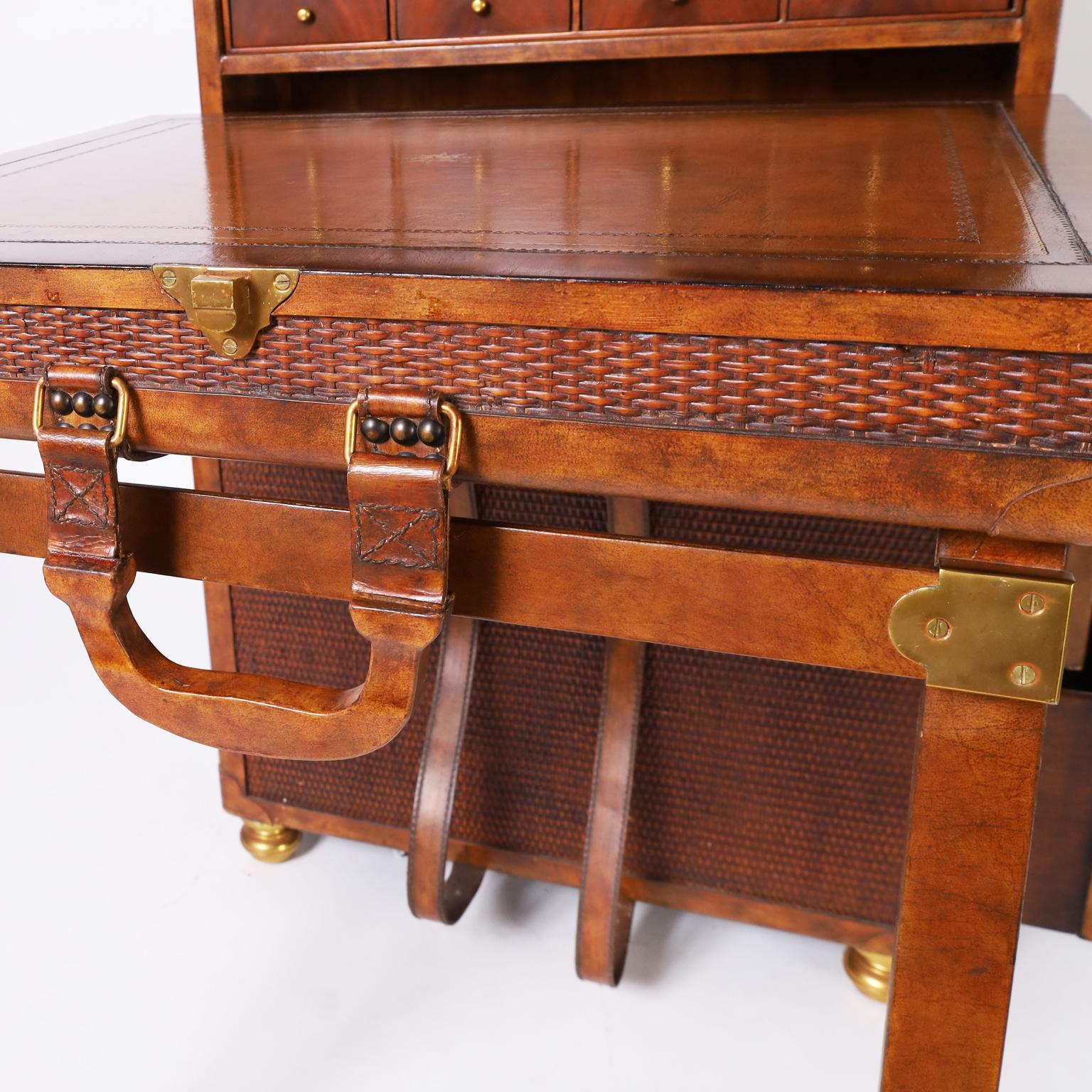 Leather Maitland-Smith Vintage Faux Trunk Convertible Foldout Desk