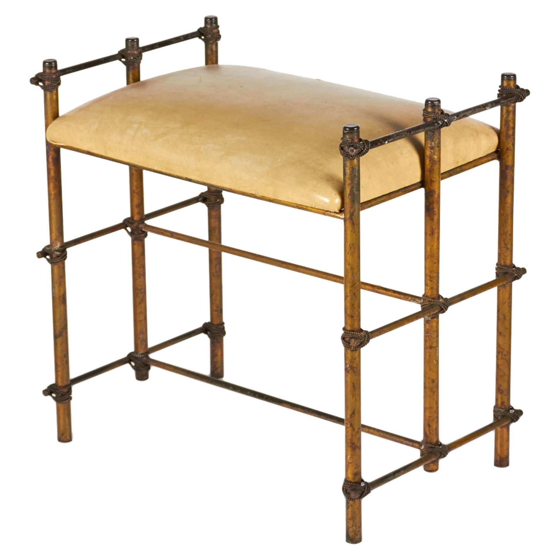 Maitland Smith Vintage Giltwood, Rope, and Beige Leather Vanity Bench For Sale