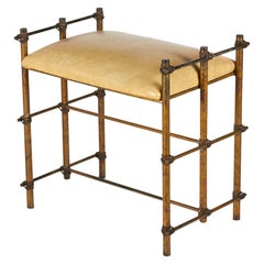 Maitland Smith Banco de tocador vintage de madera dorada, cuerda y cuero beige