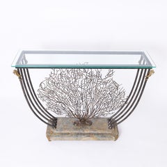 Maitland-Smith Vintage Iron and Bronze Coral Glass Top Console