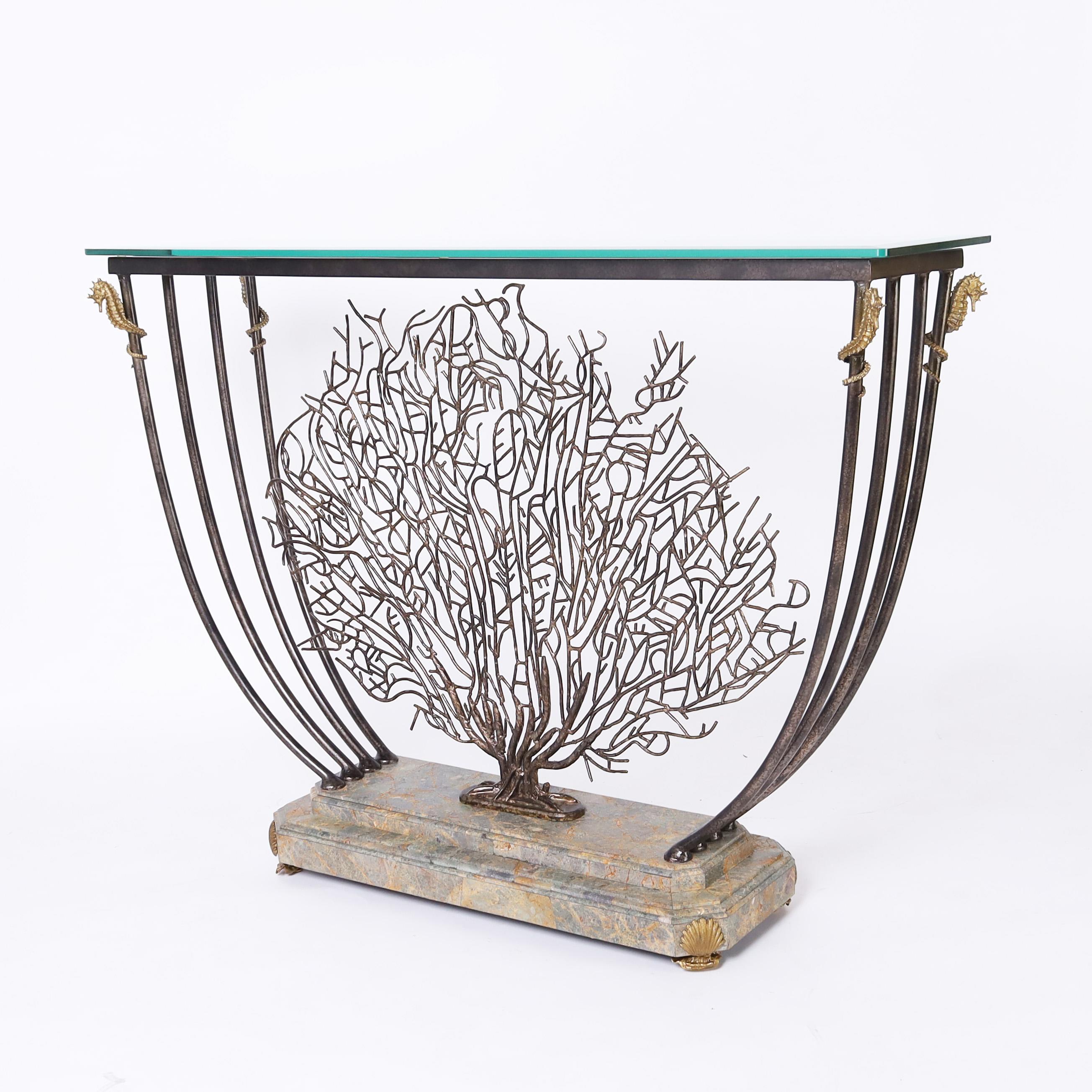 Mid-Century Modern Maitland-Smith Vintage Iron and Bronze Coral Glass Top Console