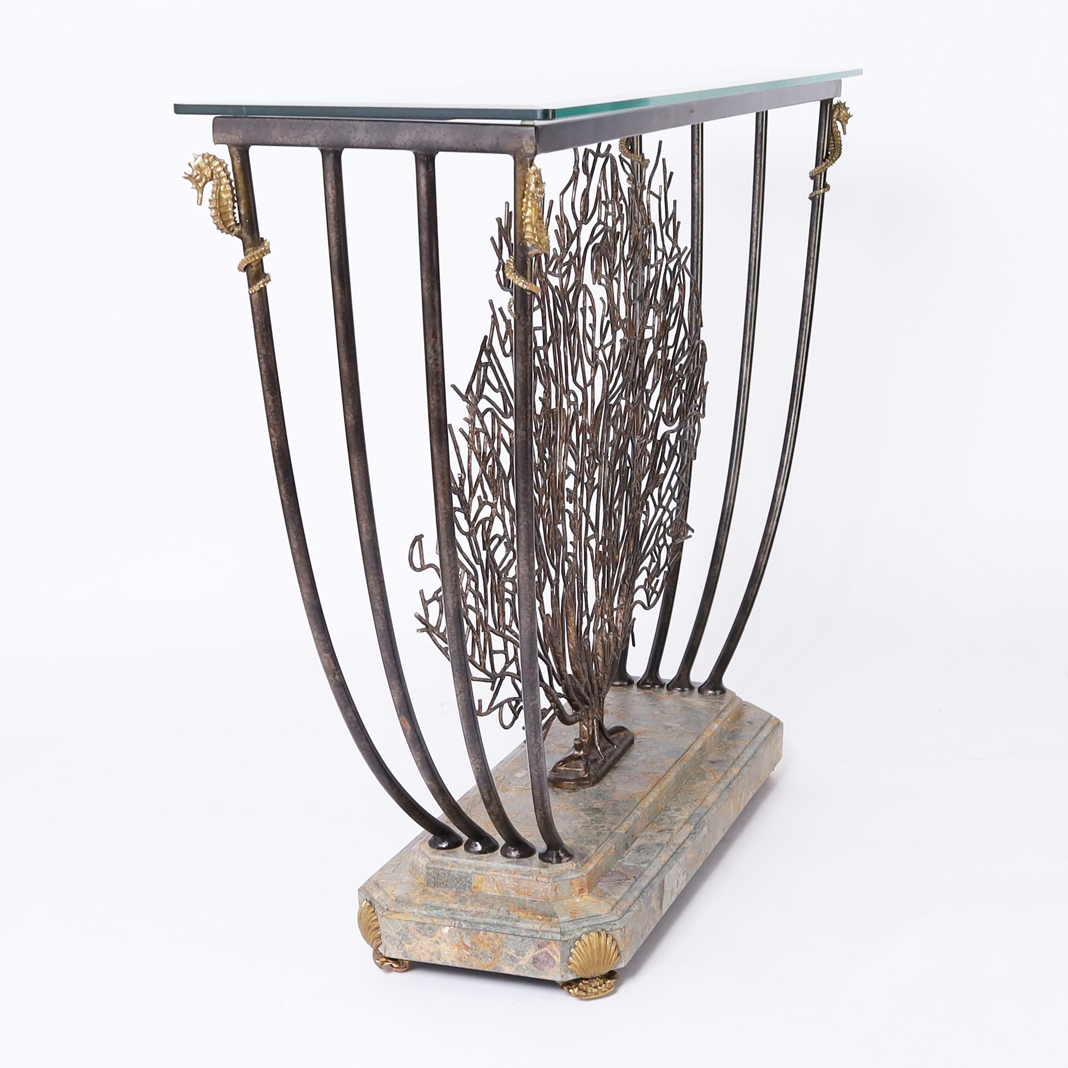 Philippine Maitland-Smith Vintage Iron and Bronze Coral Glass Top Console