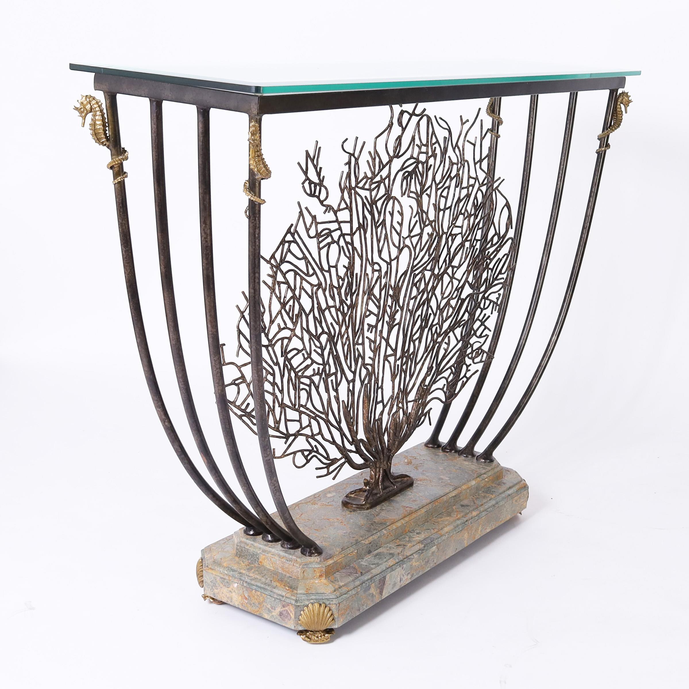 Maitland-Smith Vintage Iron and Bronze Coral Glass Top Console In Good Condition In Palm Beach, FL