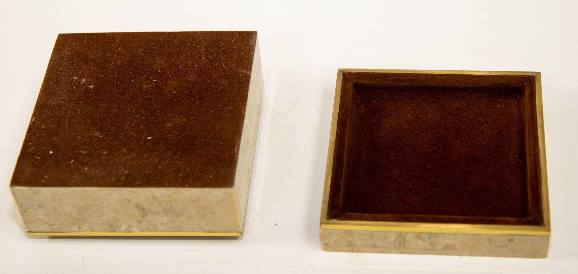 Brass Maitland Smith Vintage Tessellated Stone Travertine Box 1970s For Sale