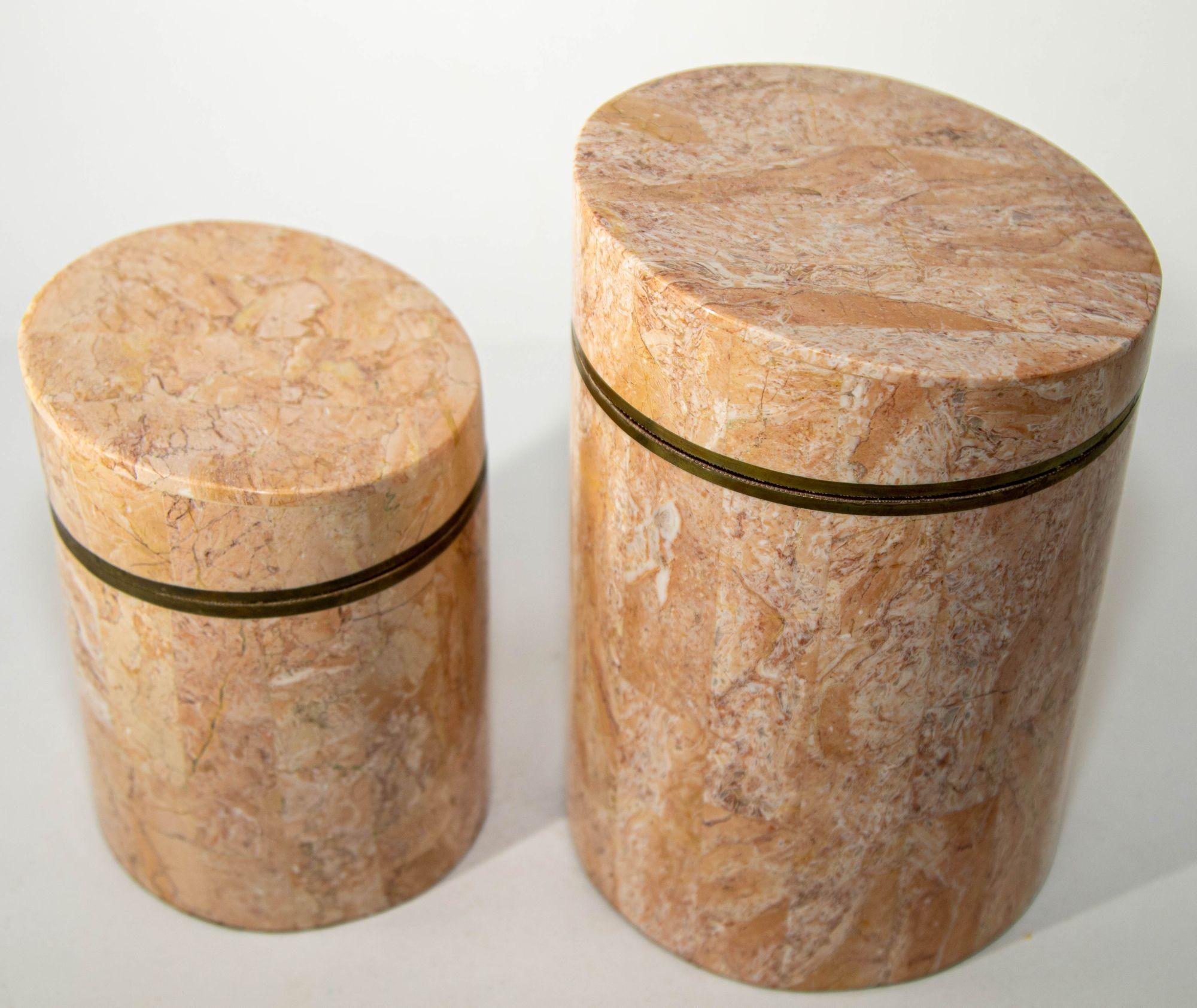 Post-Modern Maitland Smith Vintage Tessellated Stone Travertine Boxes 1970s Set of Two For Sale
