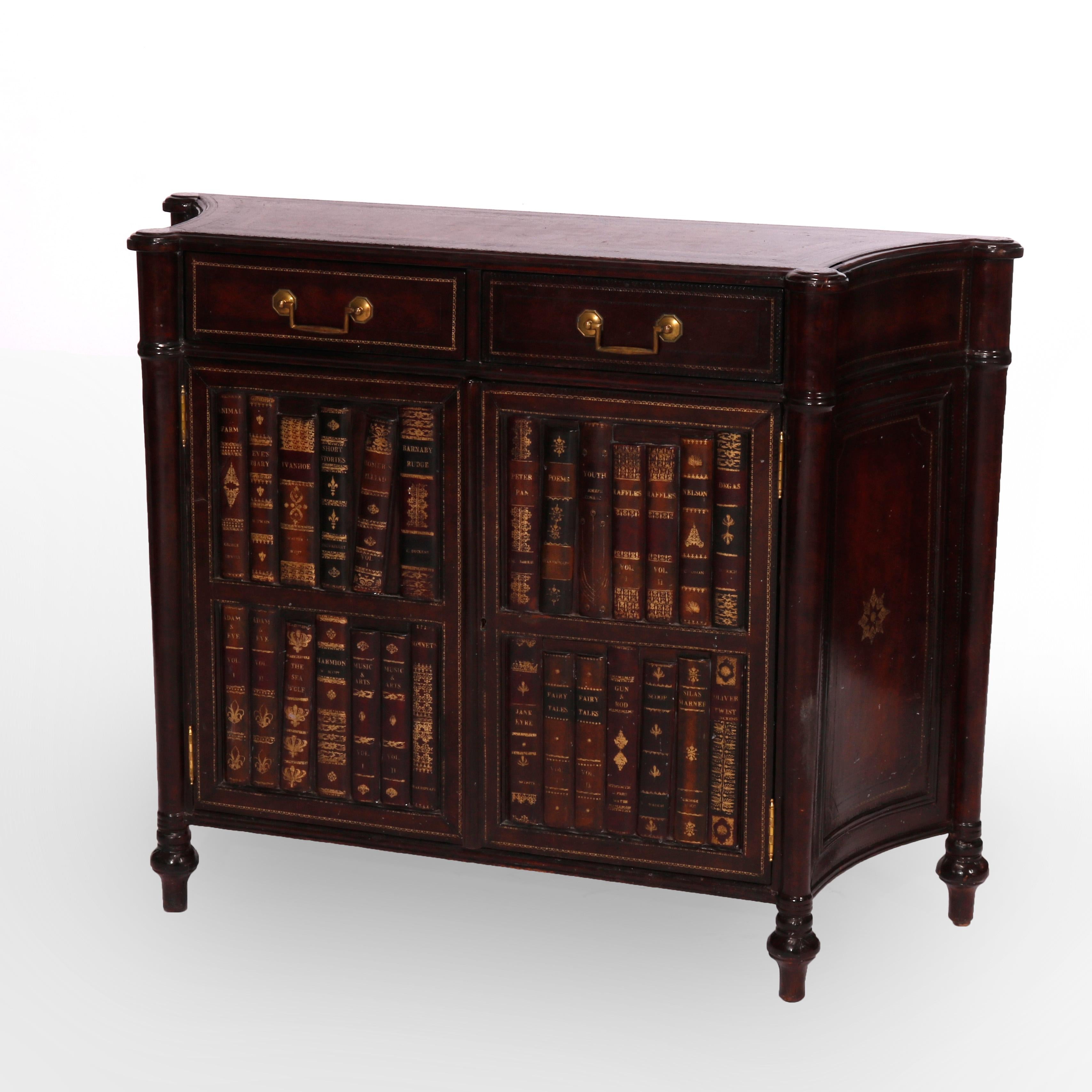 A commode by Maitland Smith offers walnut construction in stylized demilune form with gilt decorated leather top over case with double drawers and lower cabinet with tooled and gilt leather faux library book facing, raised on Mersailles bun feet,