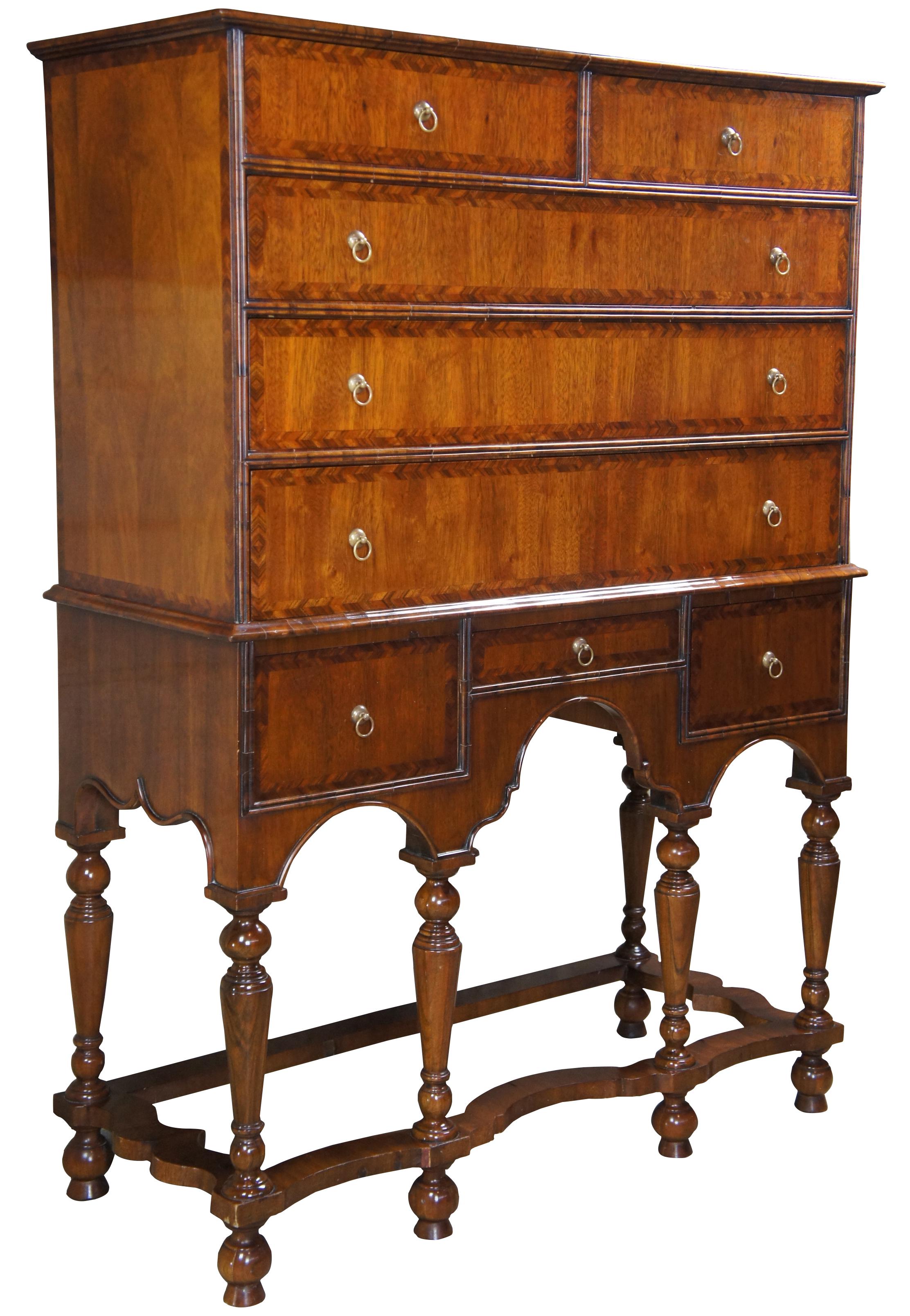 Iconic Maitland Smith William & Mary Style Highboy. Mahogany with herring-bone crossbanding, two-piece with upper having two over three graduated drawers, signed on inside of top center drawer, lower section with three drawers, brass knobs, baluster