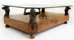 Maitland Smith Wood, Bronze Figure Supports Coffee Table with a Glass Top