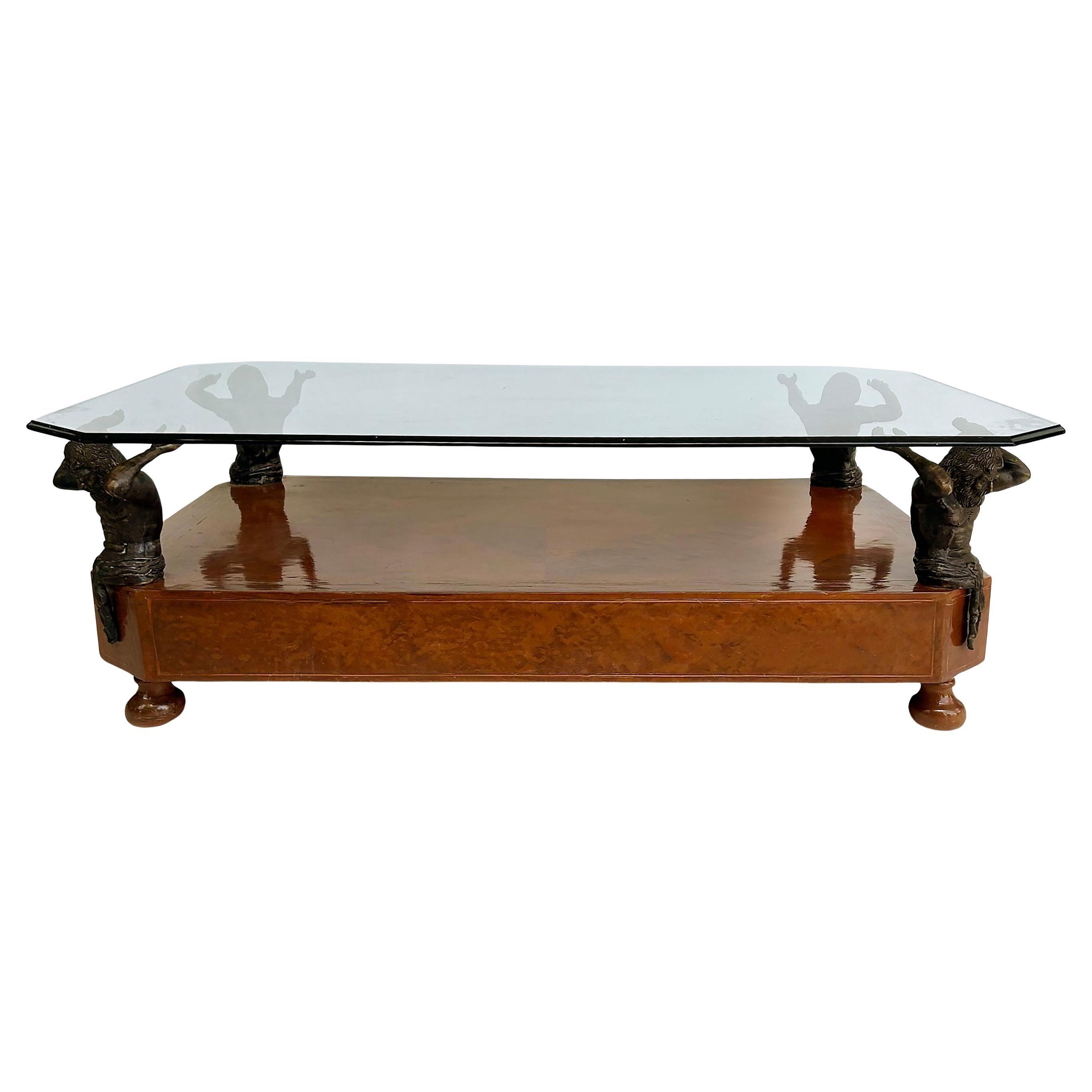 Maitland Smith Wood, Bronze Figure Supports Coffee Table with a Glass Top