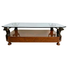 Maitland Smith Wood, Bronze Figure Supports Coffee Table with a Glass Top