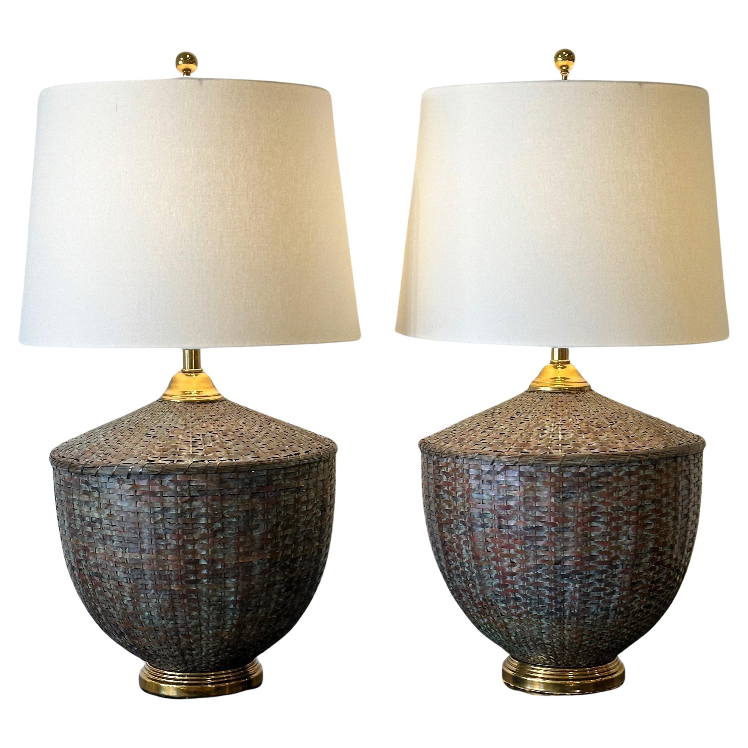 Maitland Smith Woven Patinated Copper and Brass Table Lamps ca 1970s