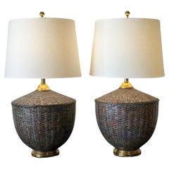 Maitland Smith Woven Patinated Copper and Brass Table Lamps ca 1970s
