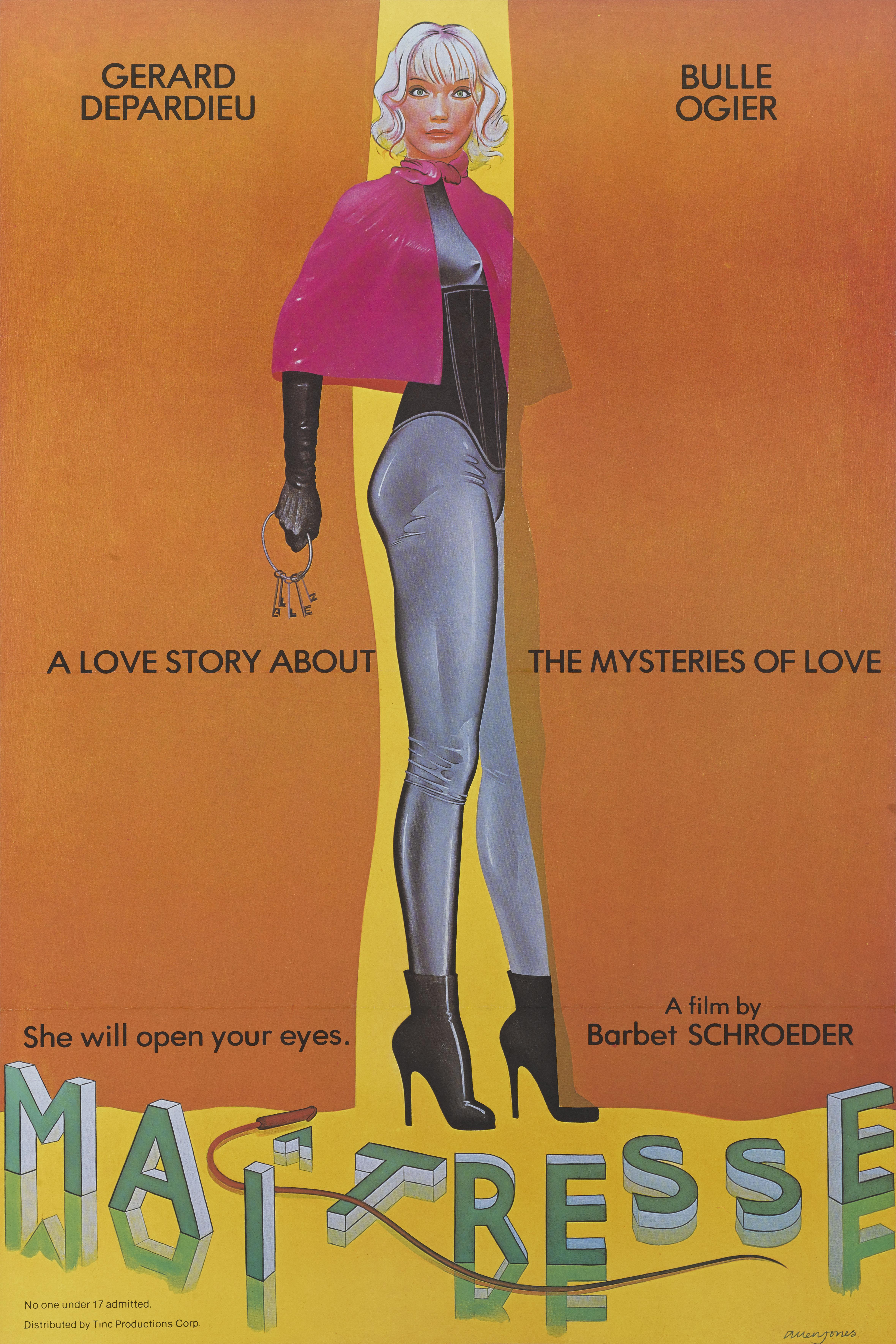 Original British film poster for the 1976 film Maîtresse / Mistress.
This film was directed by Robert Schroeder and starred 
Gerard Depardieu and Bulle Ogier.
The art work on this poster is by Allen Jones b.1937. He is a famous British pop