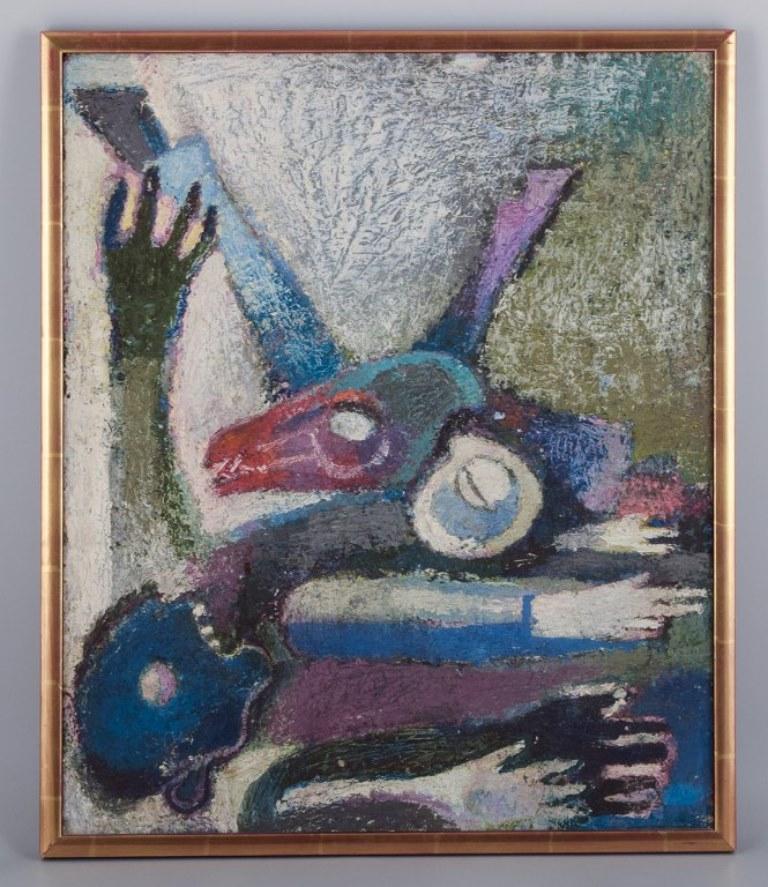 Maj Hemberg, Swedish artist.
Oil on board. Abstract composition. Painted with thick brushstrokes.
”Bombning av Dresden” - (