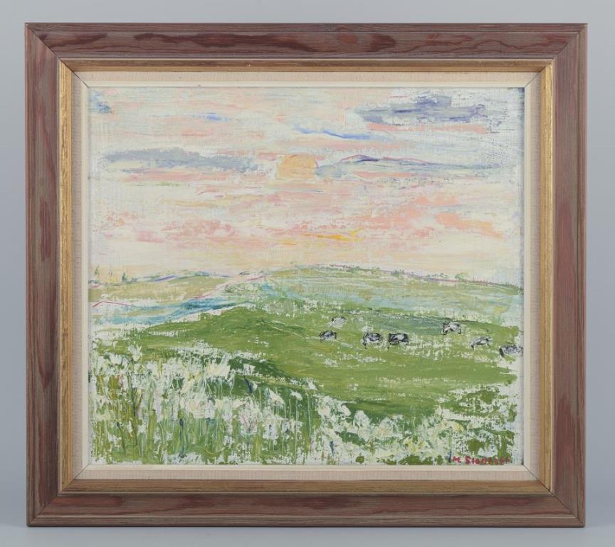 Maj Stentoft (1924-2005), artista svedese quotato in borsa.
Olio su tela.
Paesaggio estivo con mucche al pascolo.
Stile post-impressionista. Tavolozza coloristica.
Datazione: 1960 circa.
Firmato.
Condizioni perfette.
Dimensioni: 35,0 cm. x 31,5 cm.