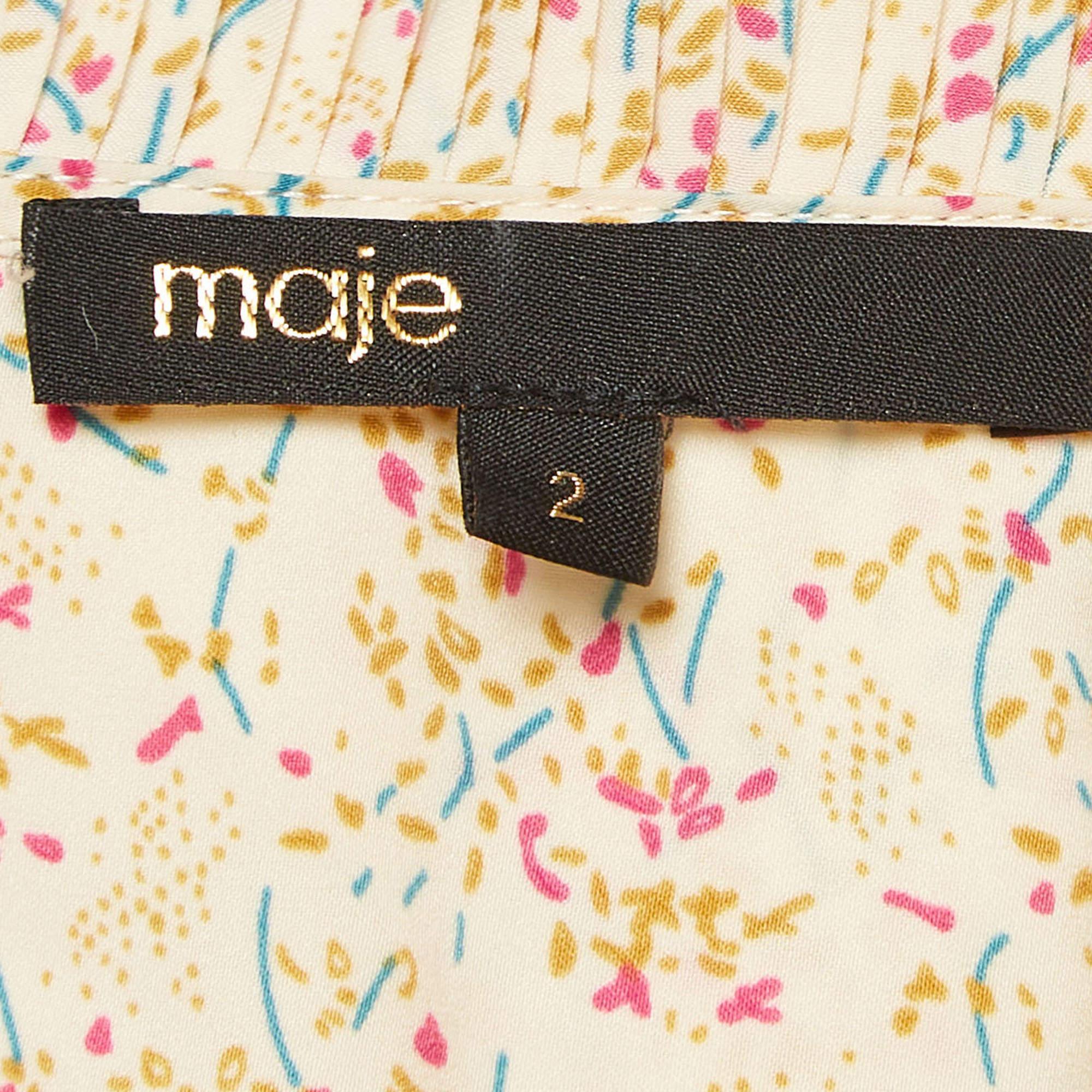 Maje Beige Printed Crepe Plisse Detail Top M In Excellent Condition For Sale In Dubai, Al Qouz 2