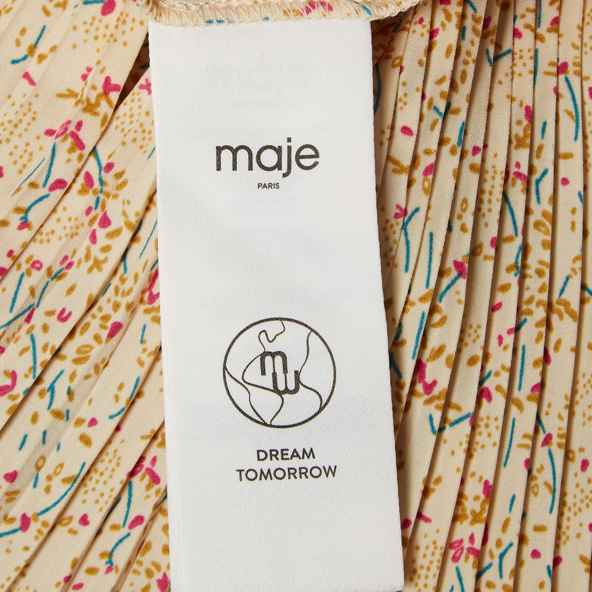 Maje Beige Printed Crepe Plisse Detail Top M For Sale 2