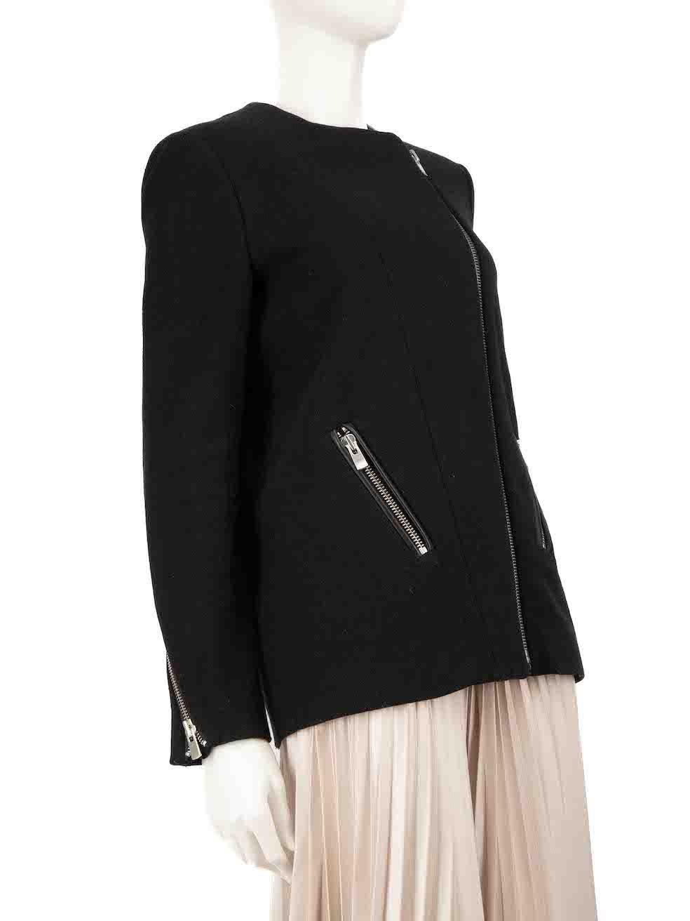 CONDITION is Very good. Minimal wear to the jacket is evident. Light marks to the left lapel. Minimal pilling to both sleeves and hemline on this used Maje designer resale item.
 
 
 
 Details
 
 
 Black
 
 Wool
 
 Jacket
 
 Front zip closure
 
