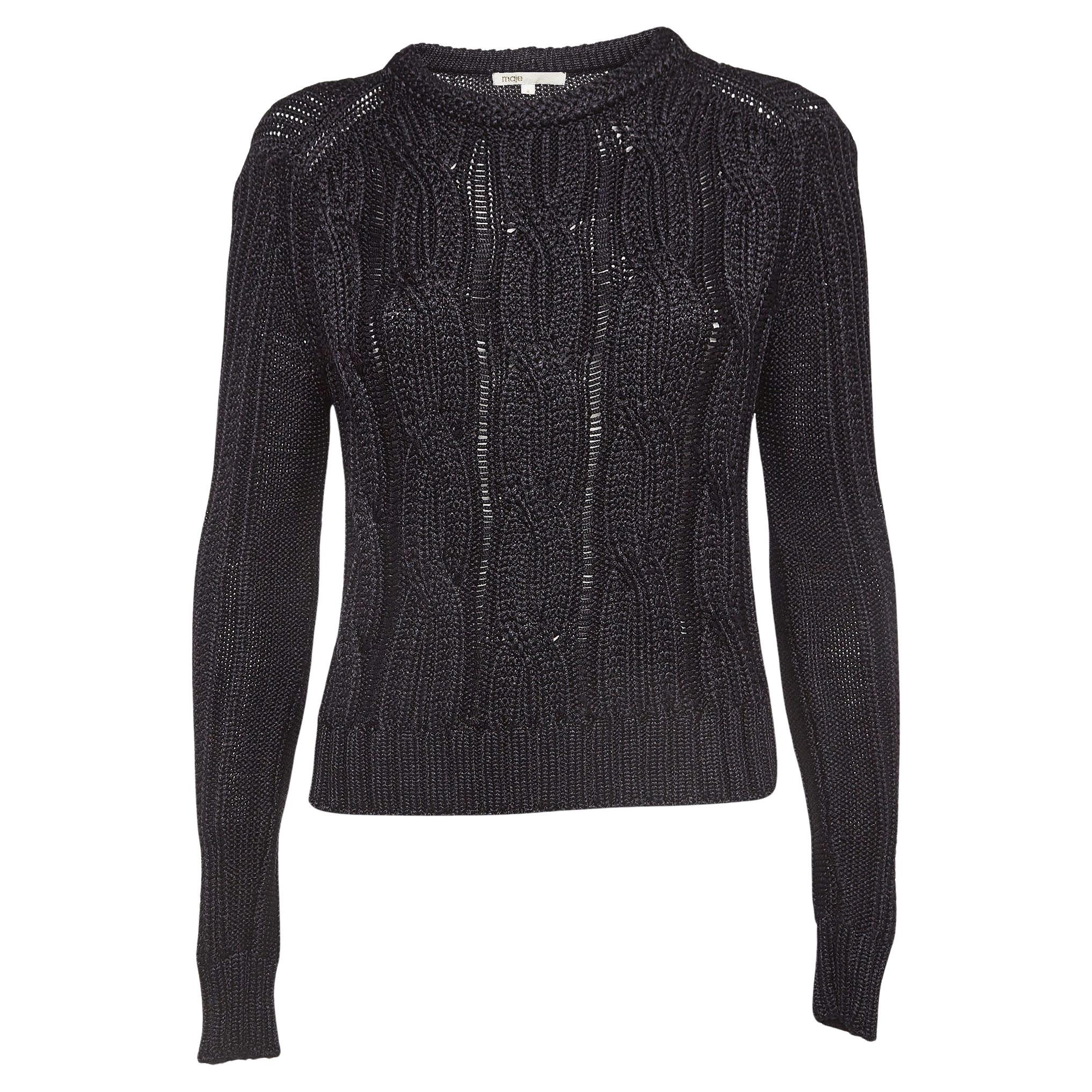 Maje Black Cable Knit Crew Neck Sweatshirt S For Sale