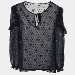 Maje Black Dotted Embroidered Crepe Ruffled Top L