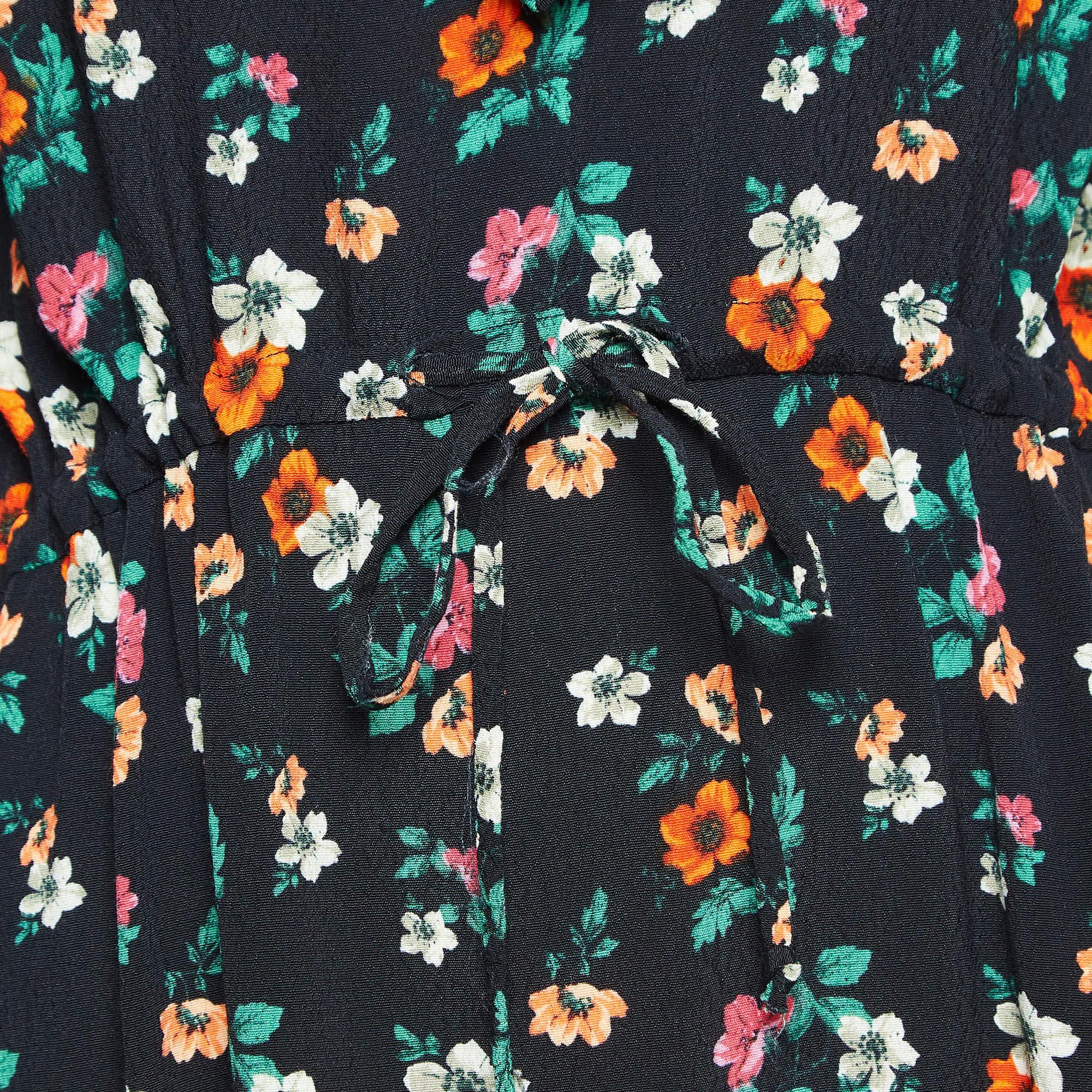 Maje Black Floral Print Crepe Ruffled Midi Dress M In Good Condition For Sale In Dubai, Al Qouz 2