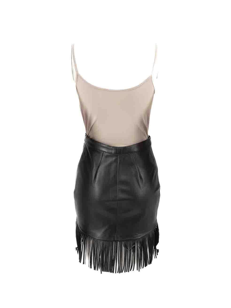 Maje Black Leather Fringed Hem Skirt Size S In Good Condition For Sale In London, GB