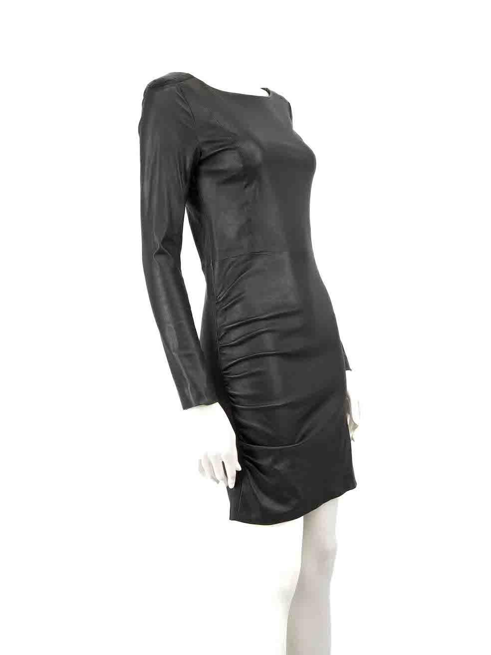 CONDITION is Very good. Minimal wear to dress is evident. Minimal wear to both elbows with light abrasions to the leather on this used Maje designer resale item.
 
 
 
 Details
 
 
 Black
 
 Leather
 
 Dress
 
 Long sleeves
 
 Round neck
 
 Back zip