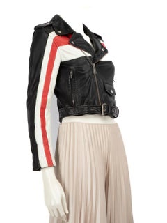 Maje Black Leather Striped Biker Jacket Size S