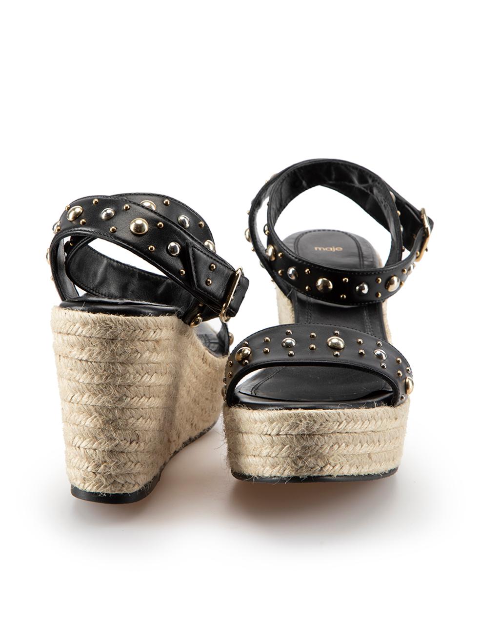 Brown Maje Black Leather Stud Wedge Sandals Size IT 38