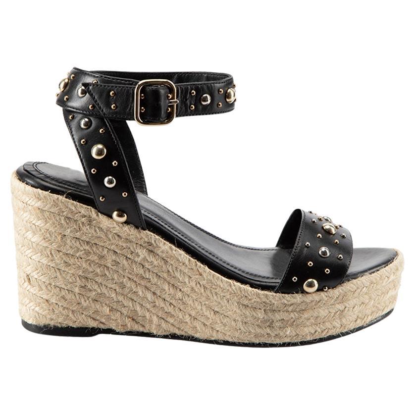 Maje Black Leather Stud Wedge Sandals Size IT 38 en venta