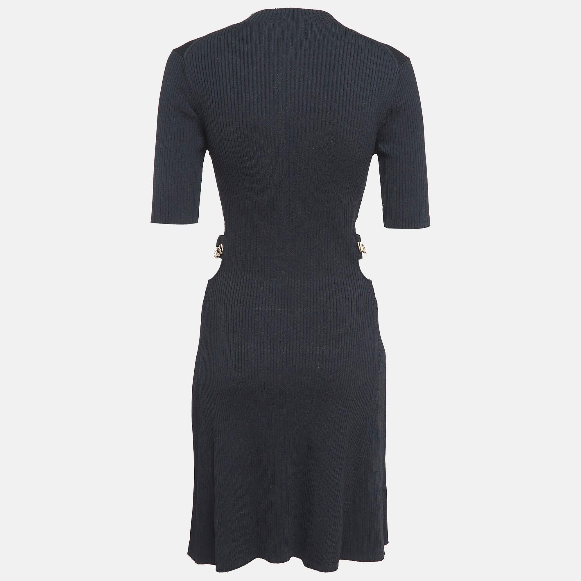 Maje Black Rib Knit Cut-Out Detail Midi Dress L In Good Condition For Sale In Dubai, Al Qouz 2