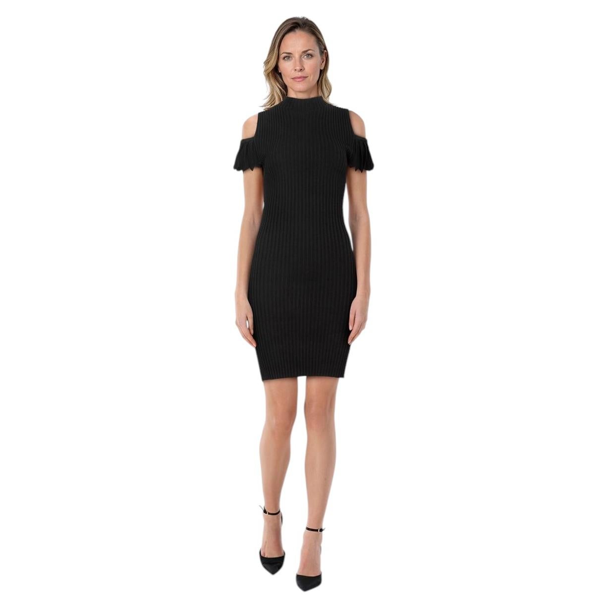 Maje Black Ribbed Knit Mini Off Shoulder Dress Size M