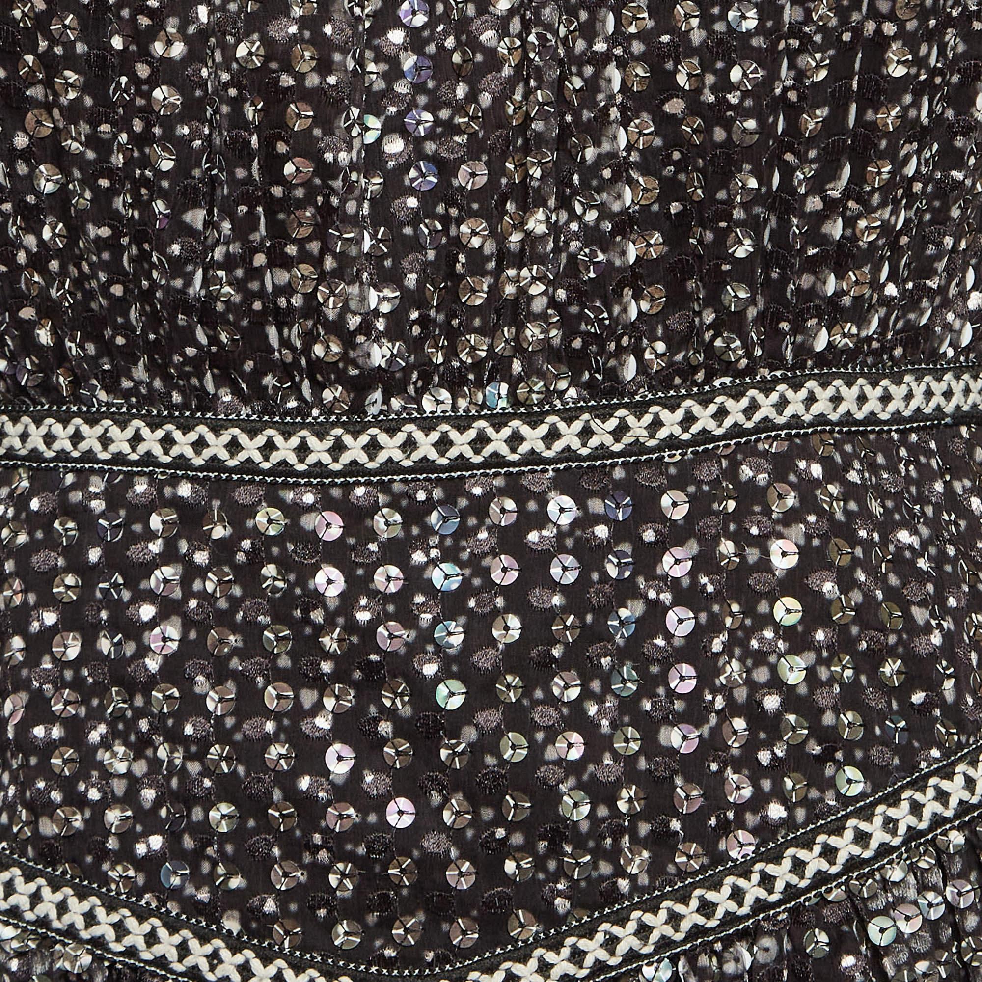 Maje Black Sequin Crepe Pleated Mini Dress S In Good Condition For Sale In Dubai, Al Qouz 2