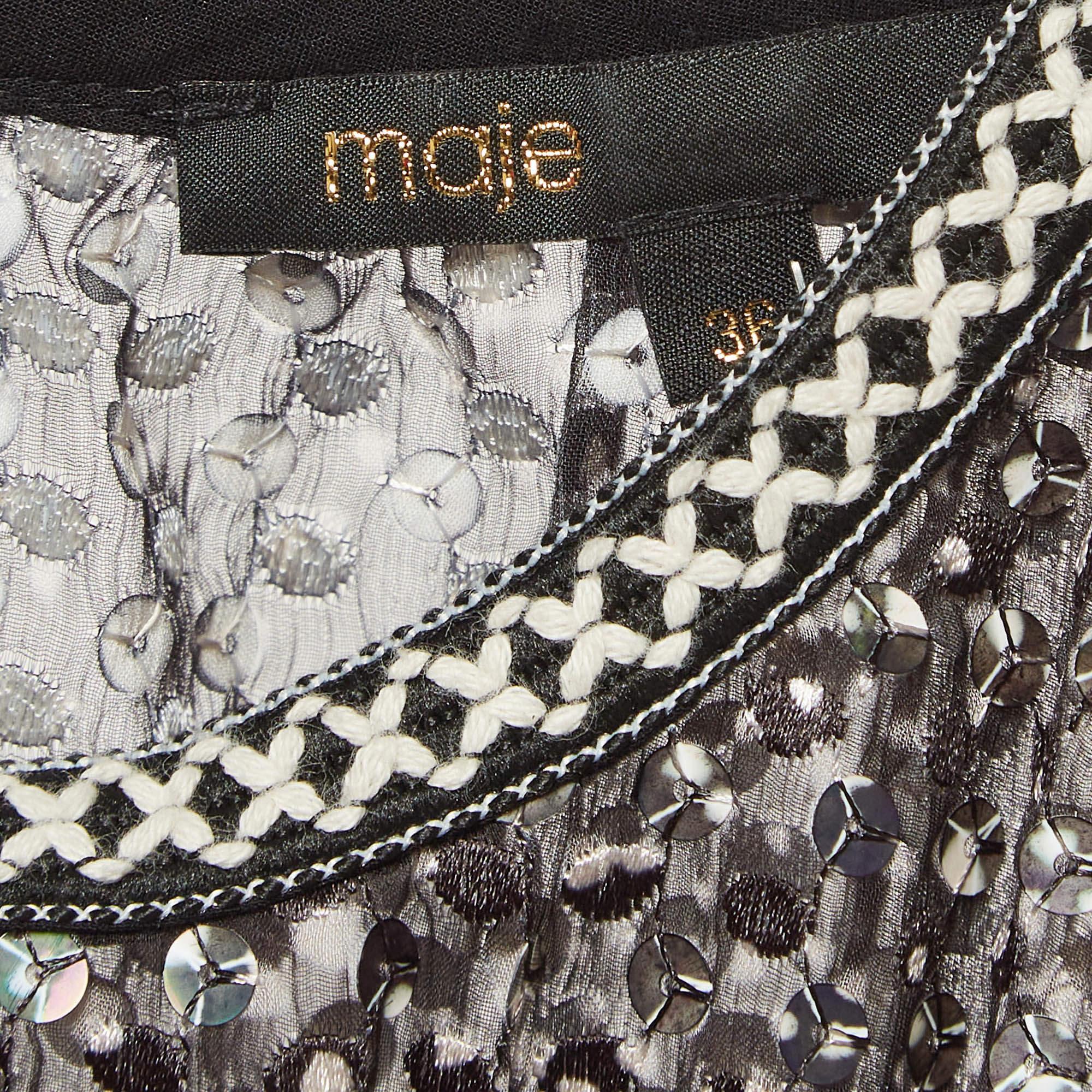 Maje Black Sequin Crepe Pleated Mini Dress S For Sale 1