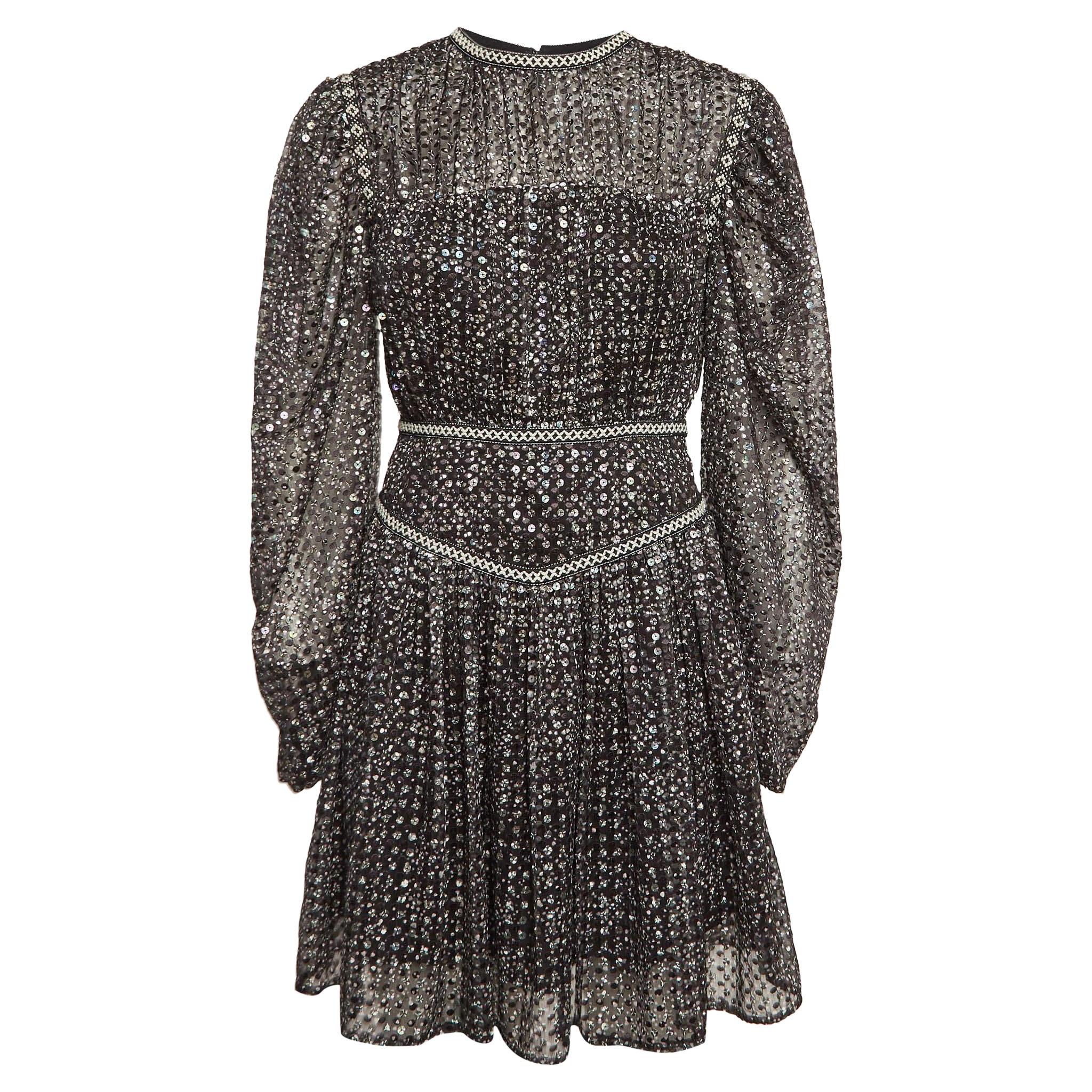 Maje Black Sequin Crepe Pleated Mini Dress S