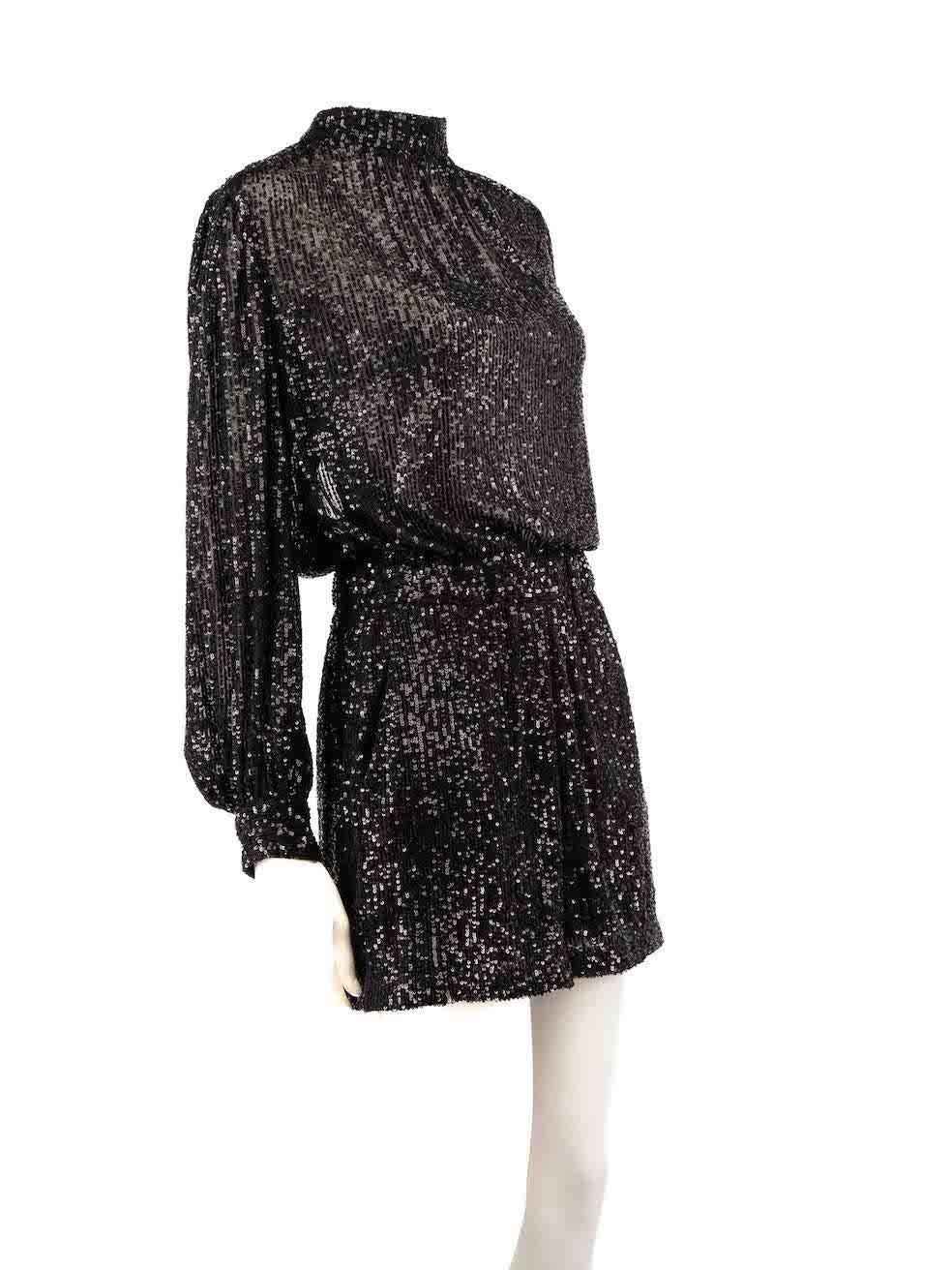 CONDITION is Very good. Minimal wear to playsuit is evident. Minimal wear to the front, back and sleeves with loose threads on this used Maje designer resale item.
 
 
 
 Details
 
 
 Black
 
 Polyester
 
 Playsuit
 
 Sequinned embellished
 
 Back