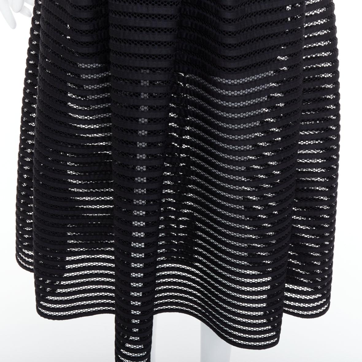 MAJE black sheer striped panelled crew fit flare midi dress Sz 1 XS
Reference: ALCU/A00010
Brand: Maje
Material: Polyester
Color: Black
Pattern: Striped
Closure: Zip
Lining: Black Fabric
Extra Details: Back zip.
Made in: China

CONDITION:
Condition: