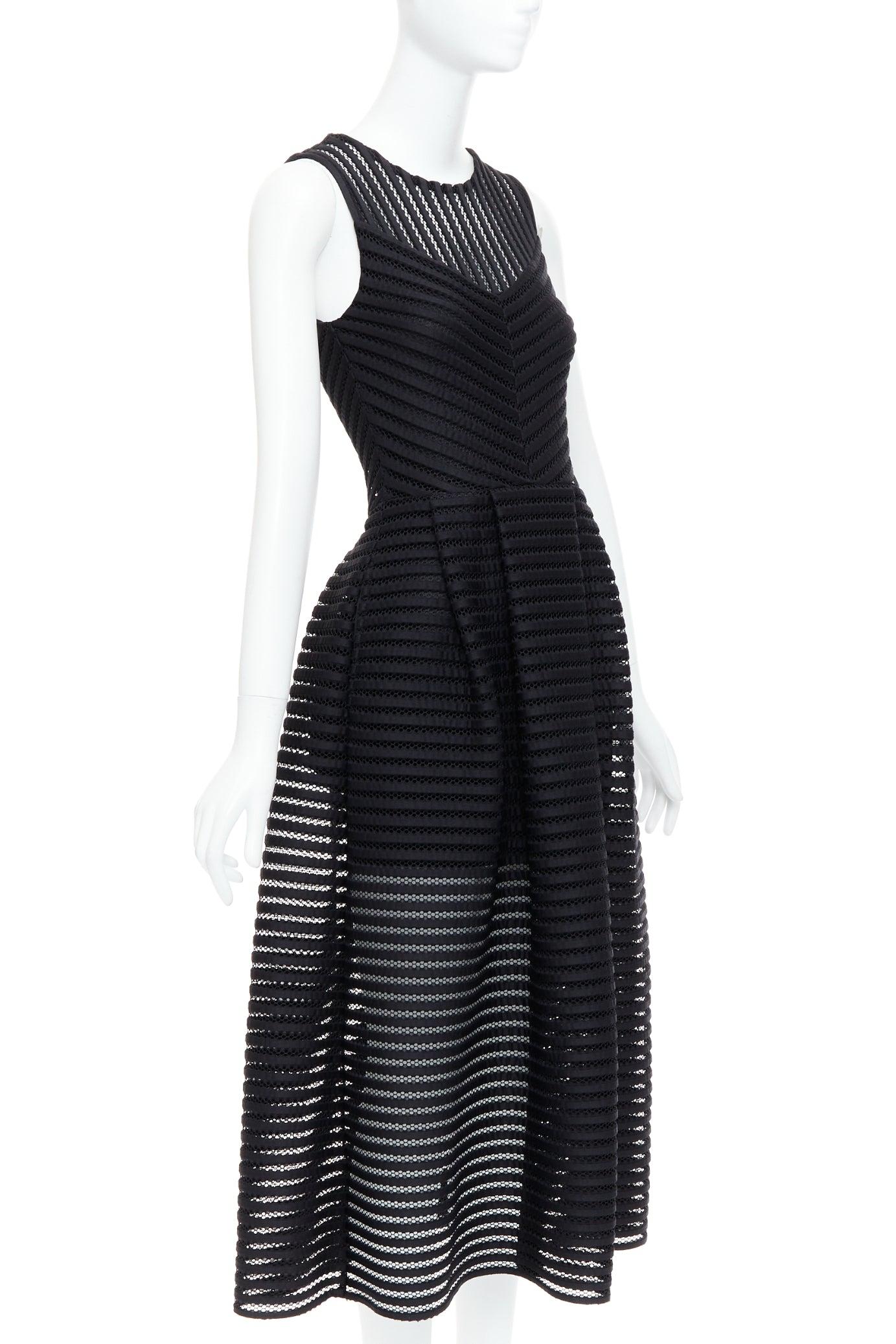 Black MAJE black sheer striped panelled crew fit flare midi dress Sz 1 XS For Sale