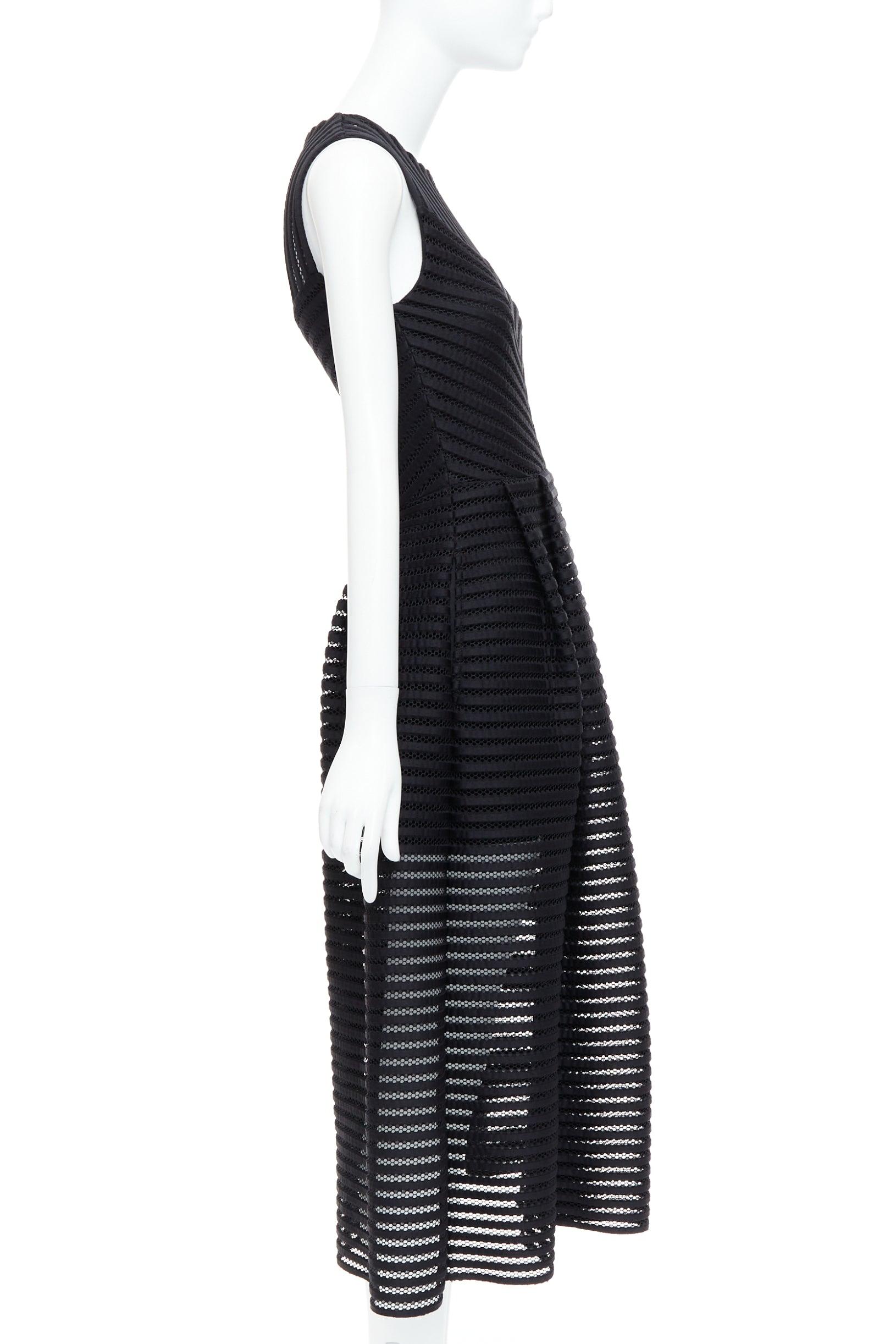 MAJE black sheer striped panelled crew fit flare midi dress Sz 1 XS In Excellent Condition For Sale In Hong Kong, NT