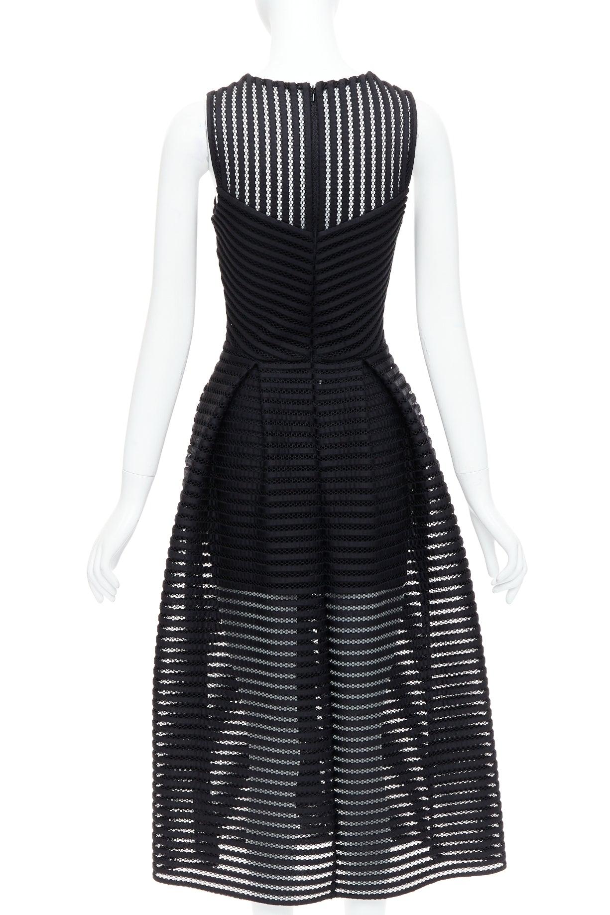 Women's MAJE black sheer striped panelled crew fit flare midi dress Sz 1 XS For Sale