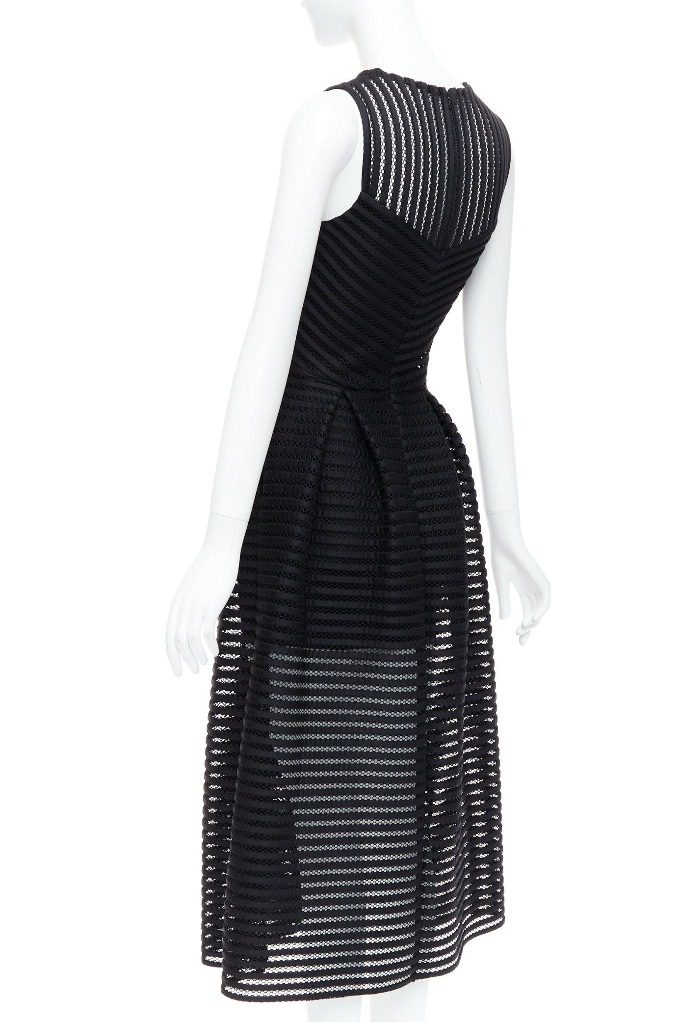 MAJE black sheer striped panelled crew fit flare midi dress Sz 1 XS For Sale 1