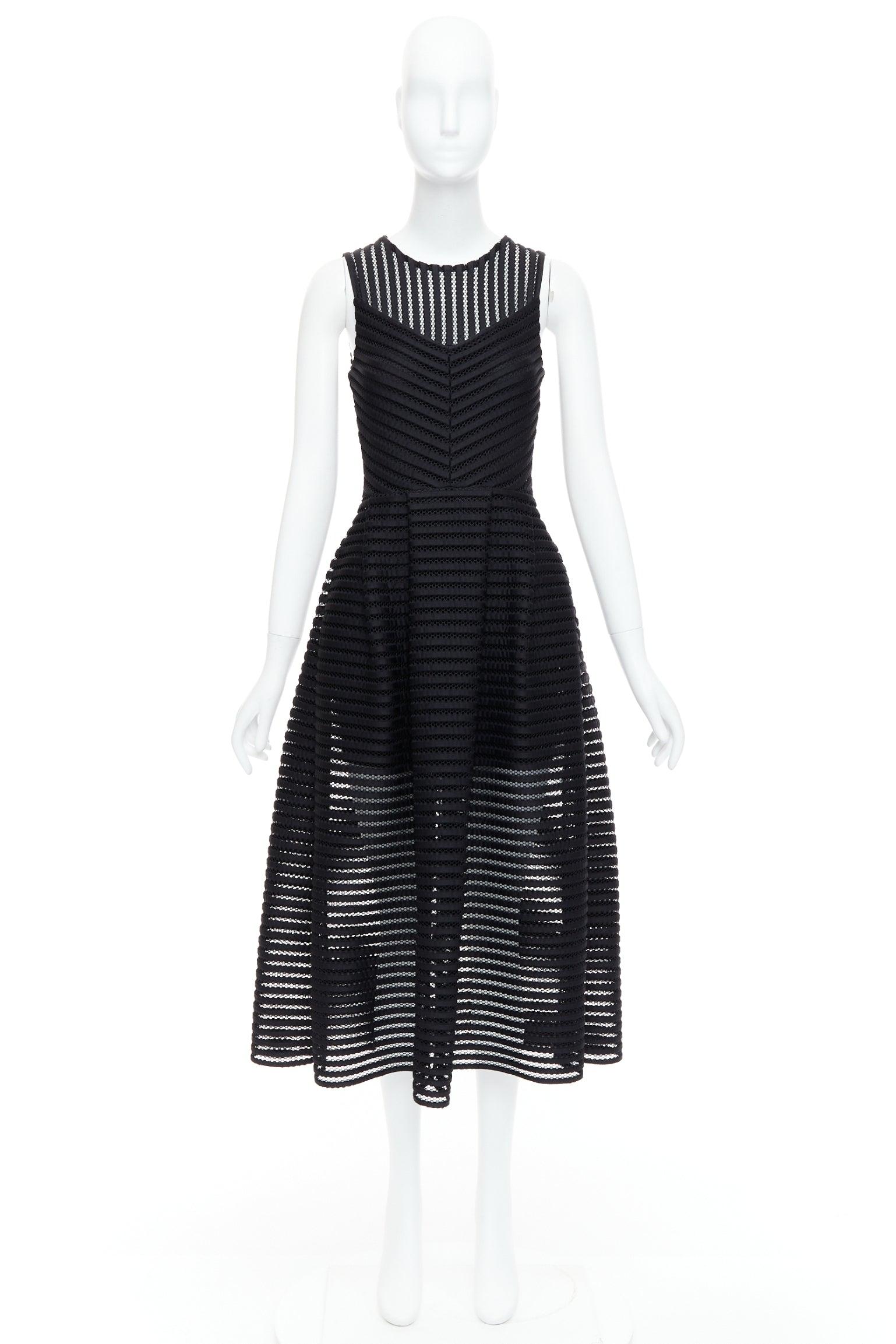 MAJE black sheer striped panelled crew fit flare midi dress Sz 1 XS For Sale 4