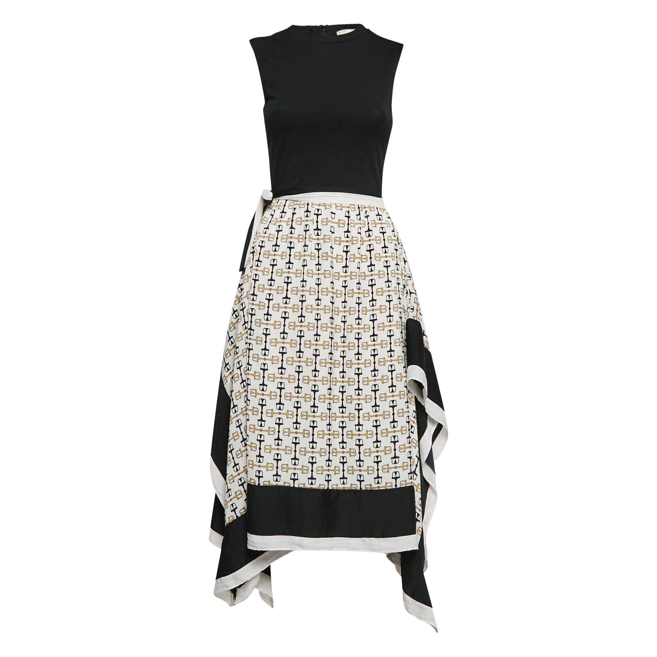 Maje Black/White Horse Bit Print Knit and Crepe Midi Dress S