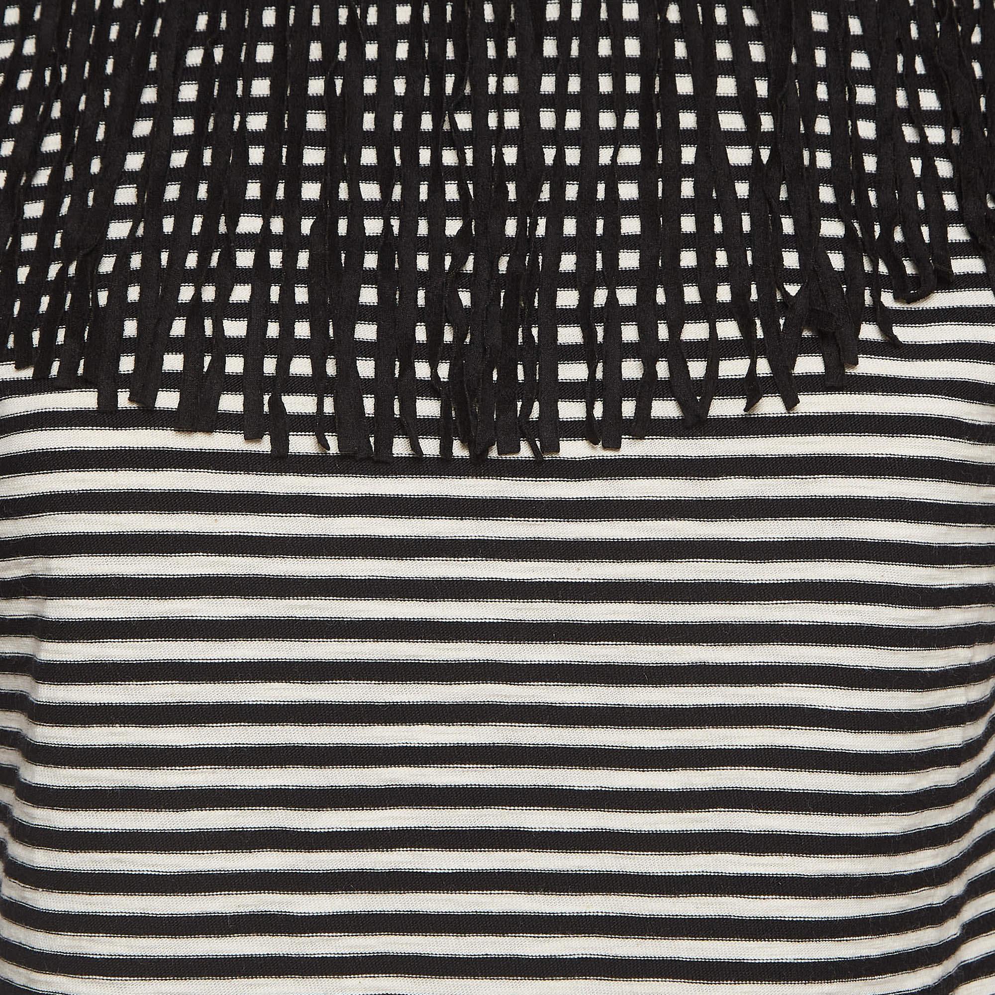 Maje Black/White Stripe Cotton Fringed Detail T-Shirt M In New Condition For Sale In Dubai, Al Qouz 2
