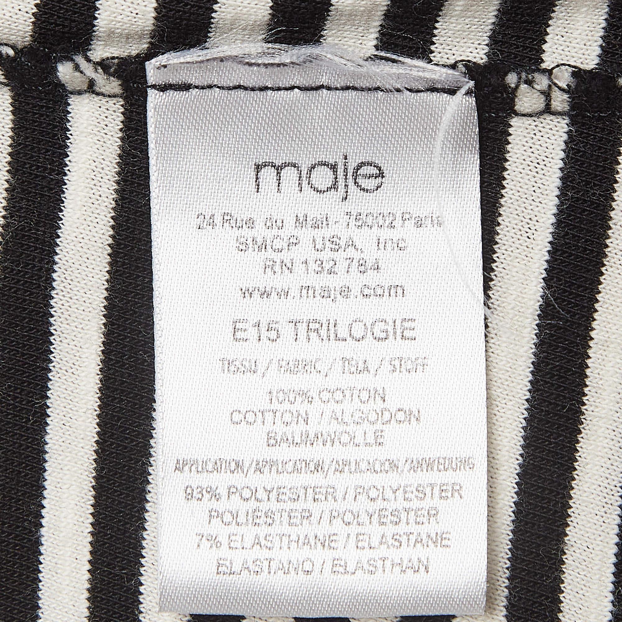Maje Black/White Stripe Cotton Fringed Detail T-Shirt M For Sale 1