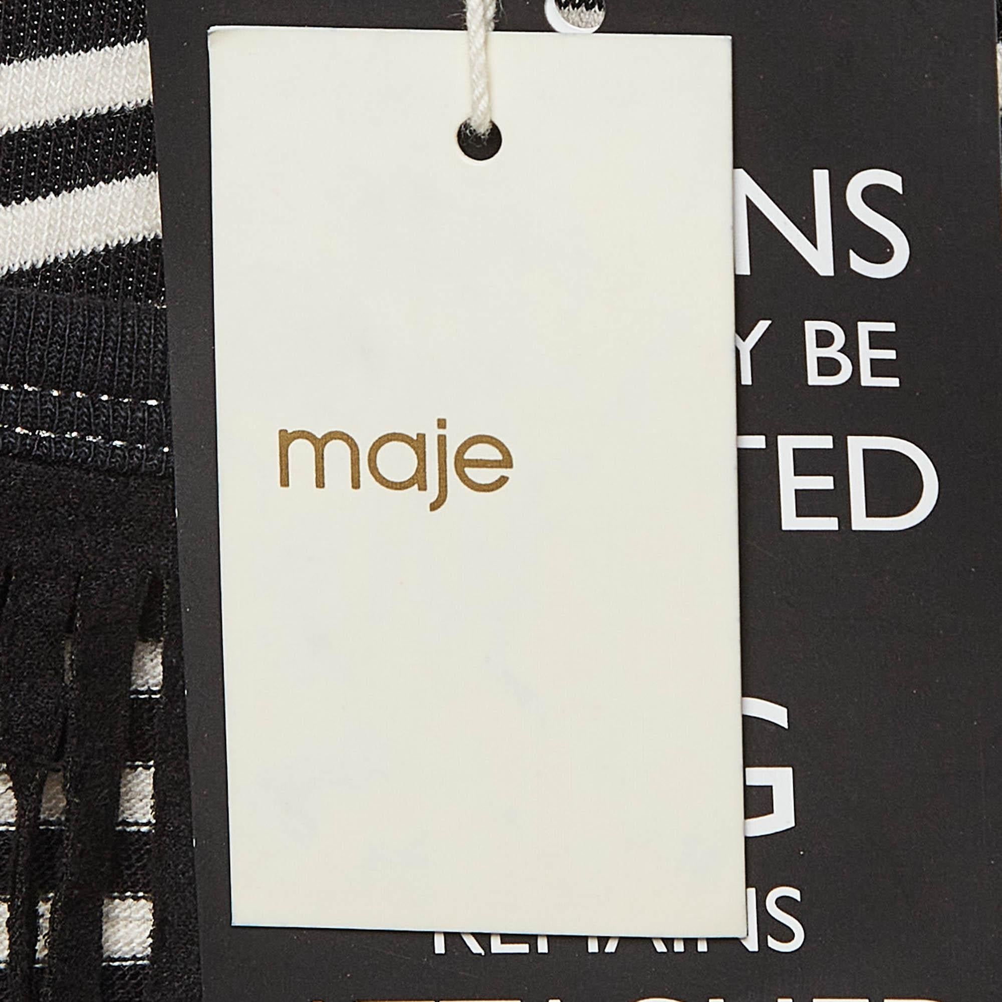 Maje Black/White Stripe Cotton Fringed Detail T-Shirt M For Sale 3