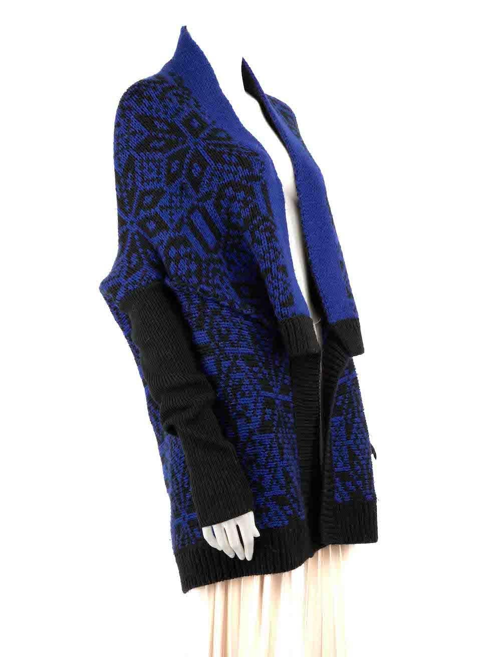 CONDITION is Good. Minor wear to cardigan is evident. Light wear to the right-side with a pluck to the knit on this used Maje designer resale item.
 
 
 
 Details
 
 
 Blue
 
 Synthetic
 
 Cardigan
 
 Chunky knitted
 
 Open front
 
 Fair Isle
