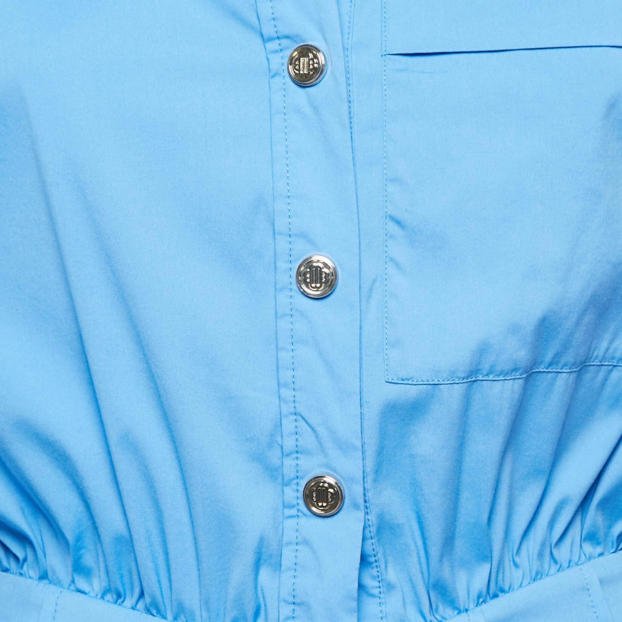 Maje Blue Cotton Button Front Pleated Mini Dress XS In Good Condition In Dubai, Al Qouz 2