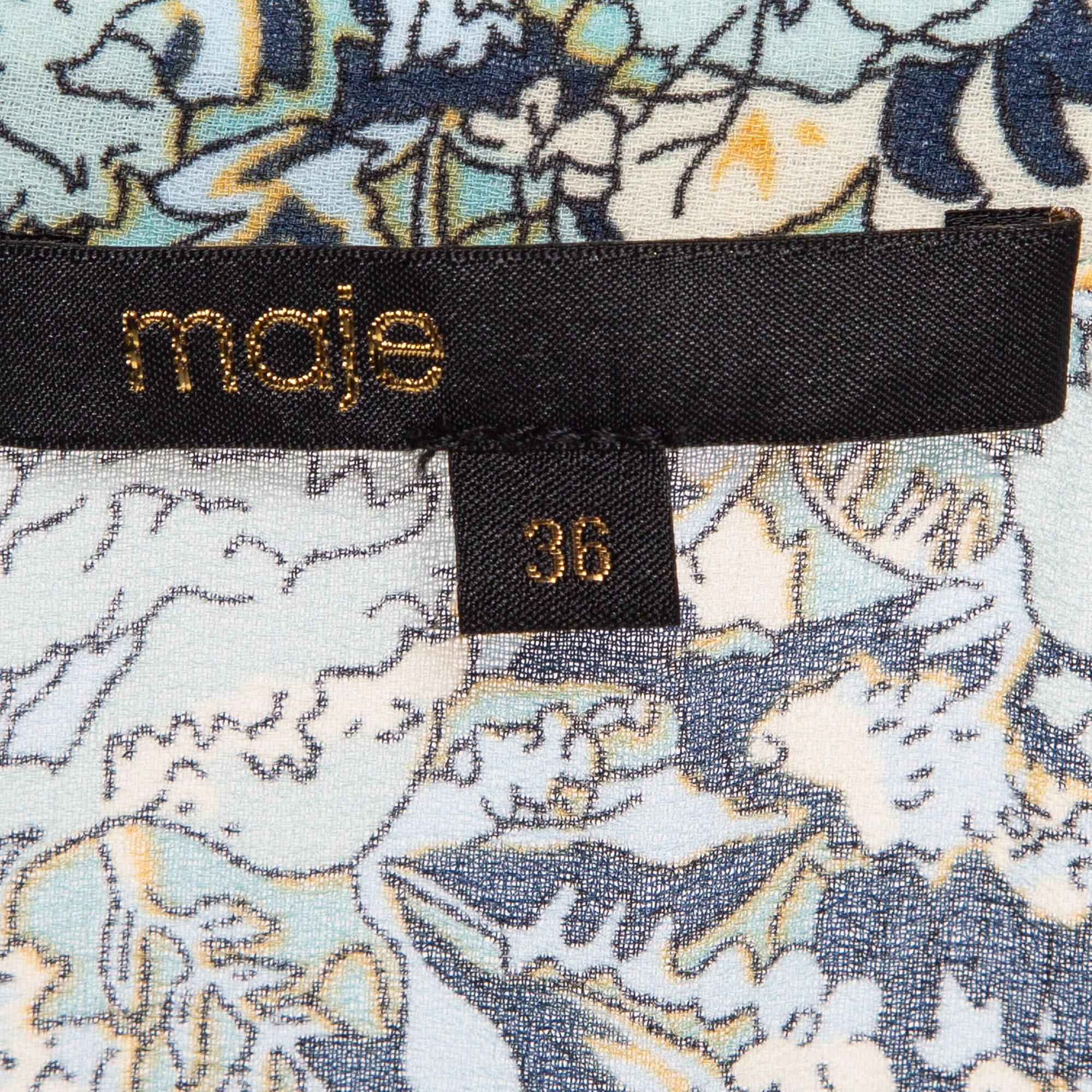 Maje Blue Printed Crepe Neck Tie-Up Mini Dress XS In Good Condition For Sale In Dubai, Al Qouz 2