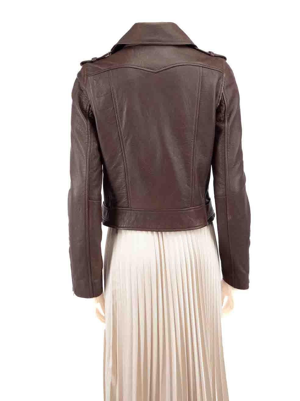Maje Brown Leather Zipped Biker Jacket Size L In Good Condition For Sale In London, GB